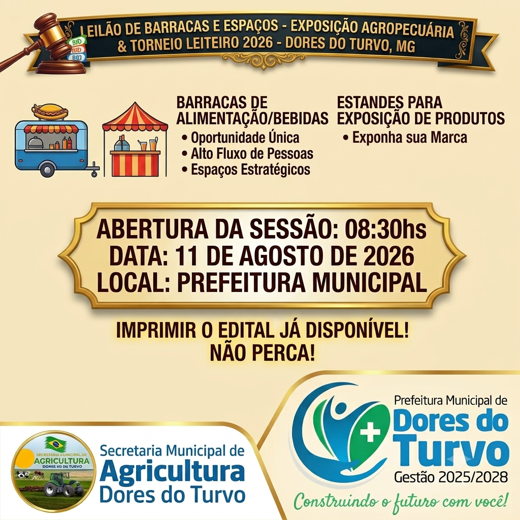 Pregão Presencial nº 025/2026, que será realizado dia 11/08/2026, as 08:30 na sede da Prefeitura Municipal Tipo Maior Oferta/Lance Por Item.